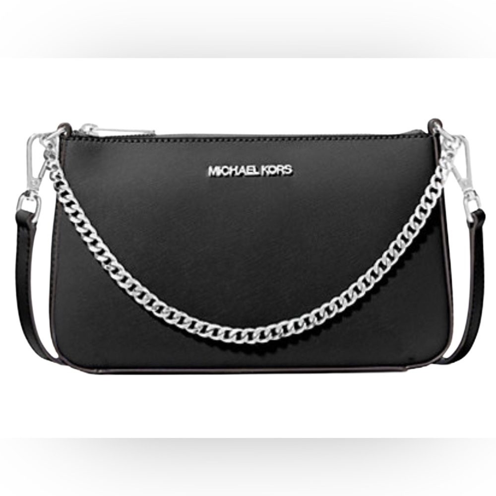 NEW Michael Kors Jet Set Black Medium Saffiano Leather Crossbody Silver Chain